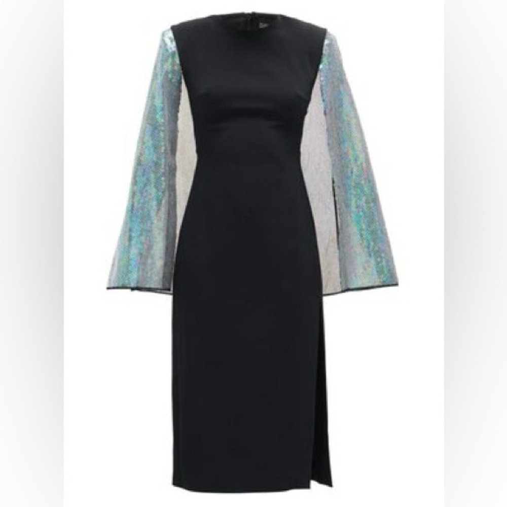 Black Midi Dress with Iridescent Sequin Bell Sleeves